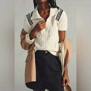 Anthropologie Maeve Cable-Knit Polo Cotton Linen Sweater, Ivory w Black Trim, 2X